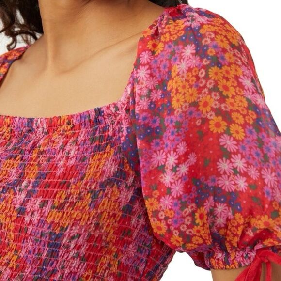 Free People Boho Smocked Back on Top Puff Sleeve Crop Top NWT Women's Large - Picture 5 of 7